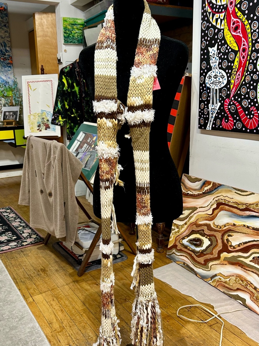 Target Knit Long Scarf in Cream, Brown and Tan with Tassels